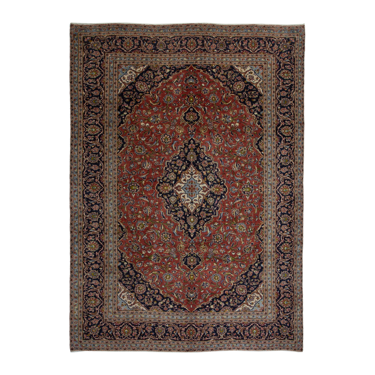 Persian Kashan oversized rug in rust and deep indigo, 9'6" x 13'