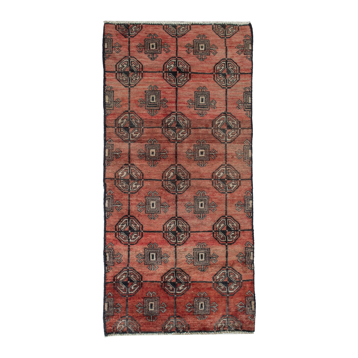 Persian Torkaman accent rug in terracotta and dark brown, 1'10" x 3'10"