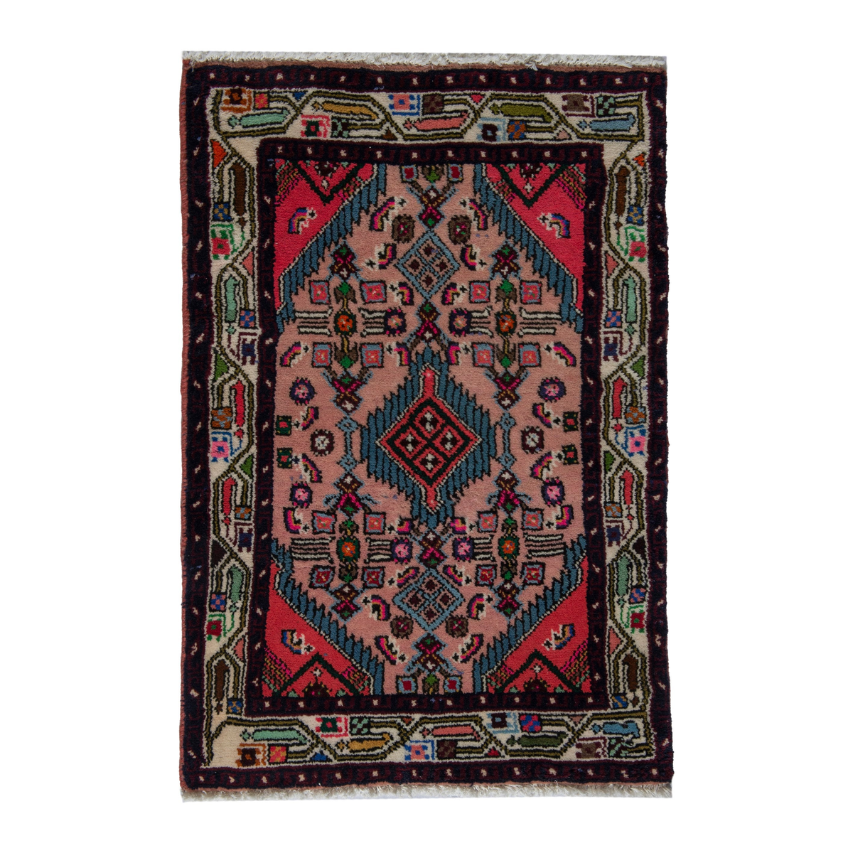 Persian Hamedan accent rug in dusty rose and navy, 2' x 2'11"