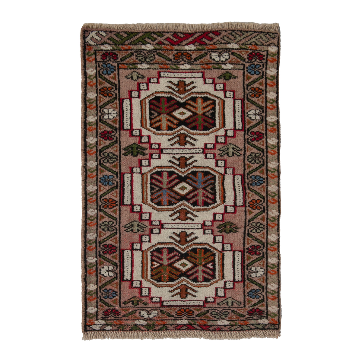 Persian Torkaman accent rug in muted pink and deep red, 1'10" x 2'11"