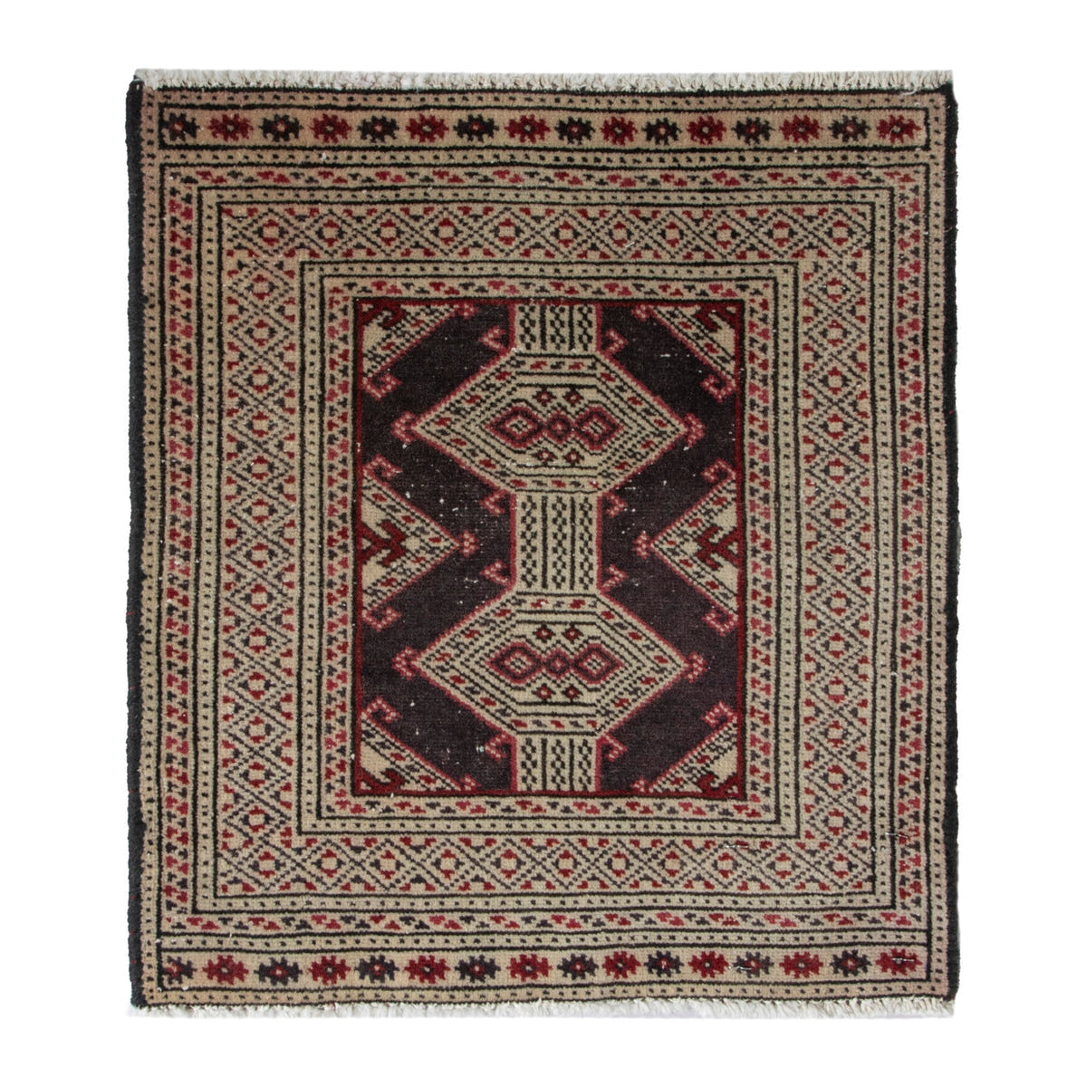 Persian Torkaman accent rug in cream and burgundy, 1'8" x 1'8"