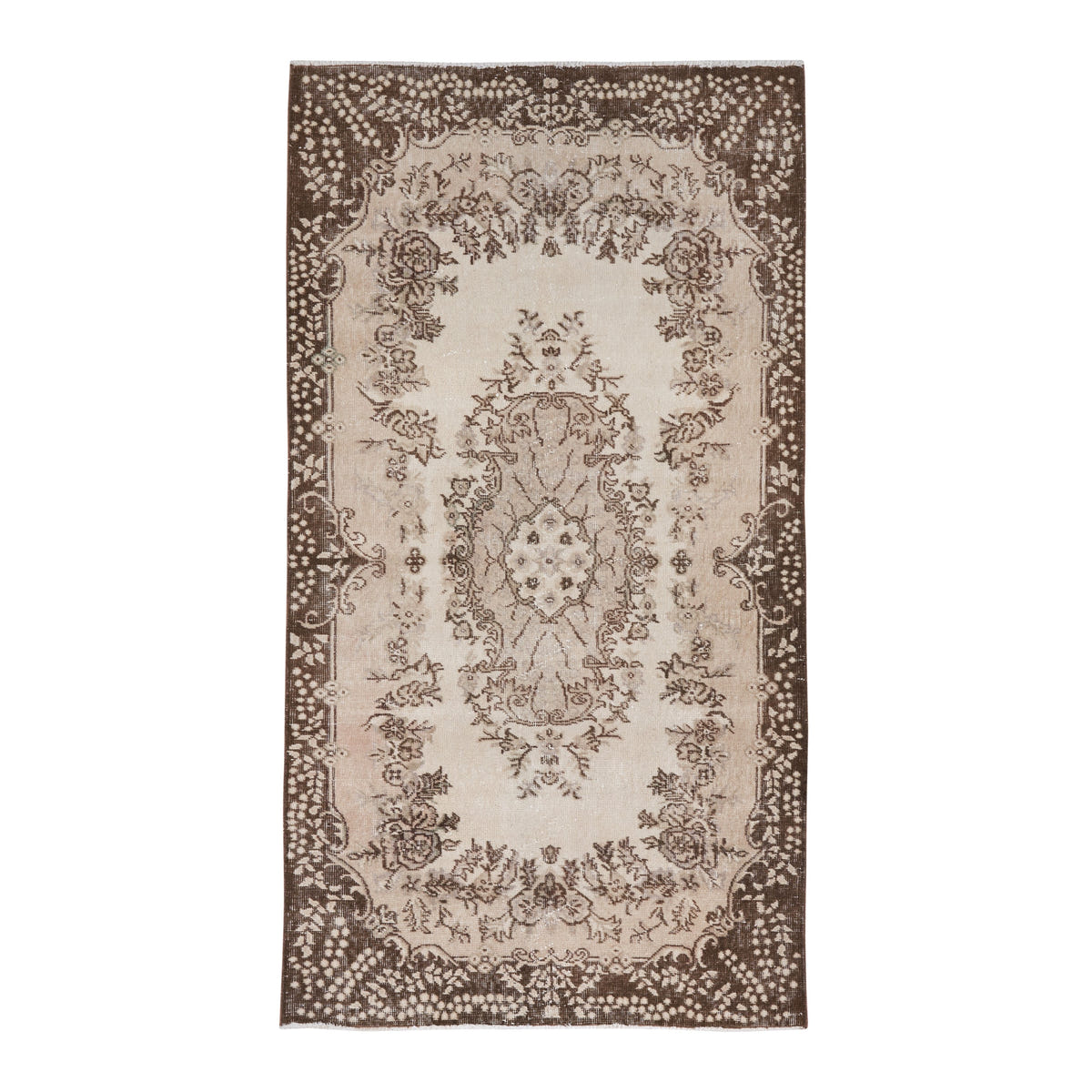 Turkish Isparta area rug in cream and dark brown, 3'8" x 6'11"