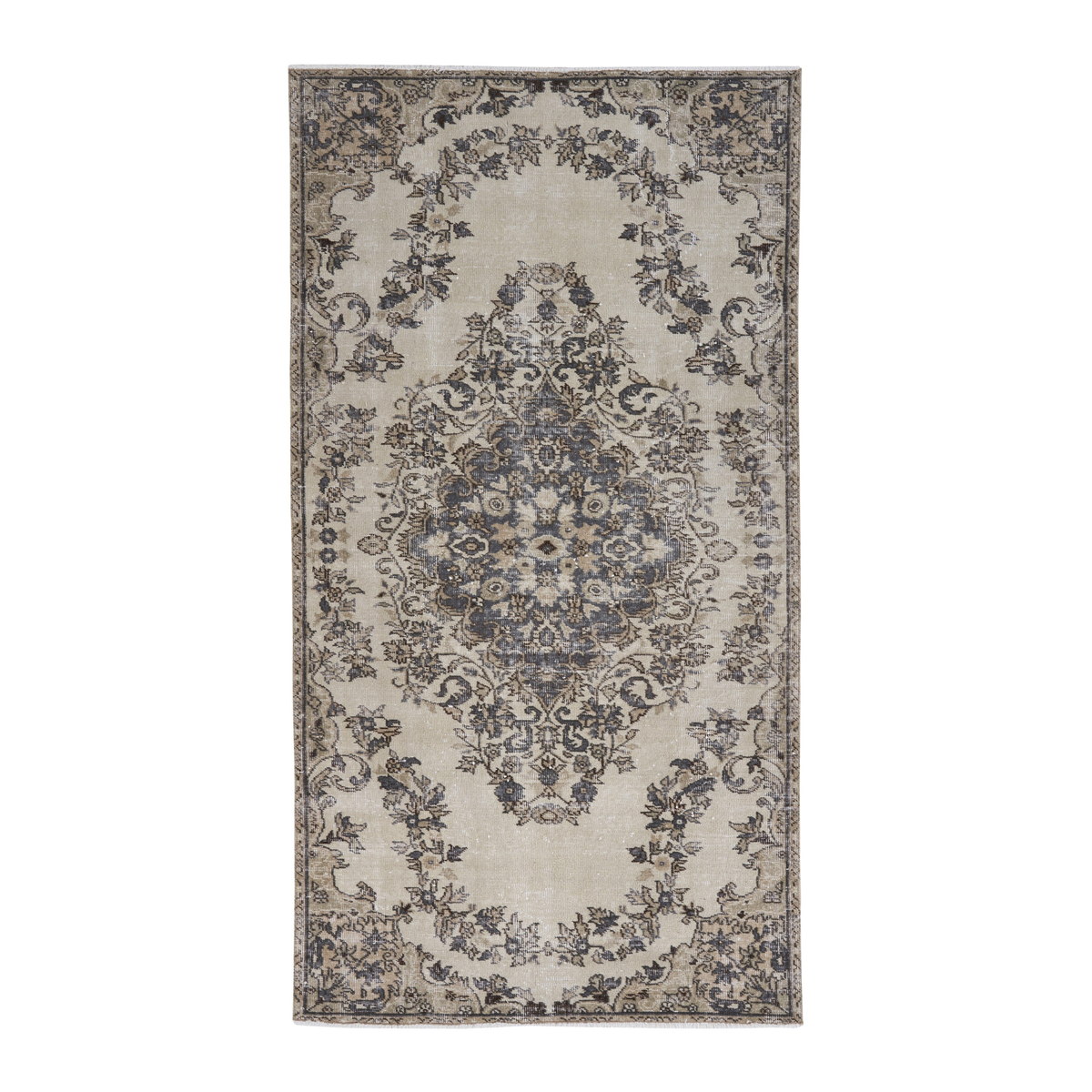 Turkish Isparta area rug in ivory and charcoal, 4'2" x 7'10"