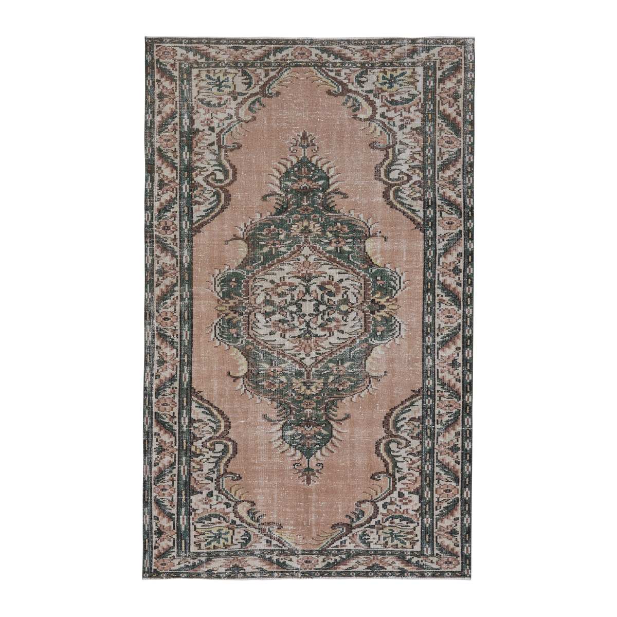 Turkish Manisa area rug in dusty rose and dark teal, 5'1" x 8'2"