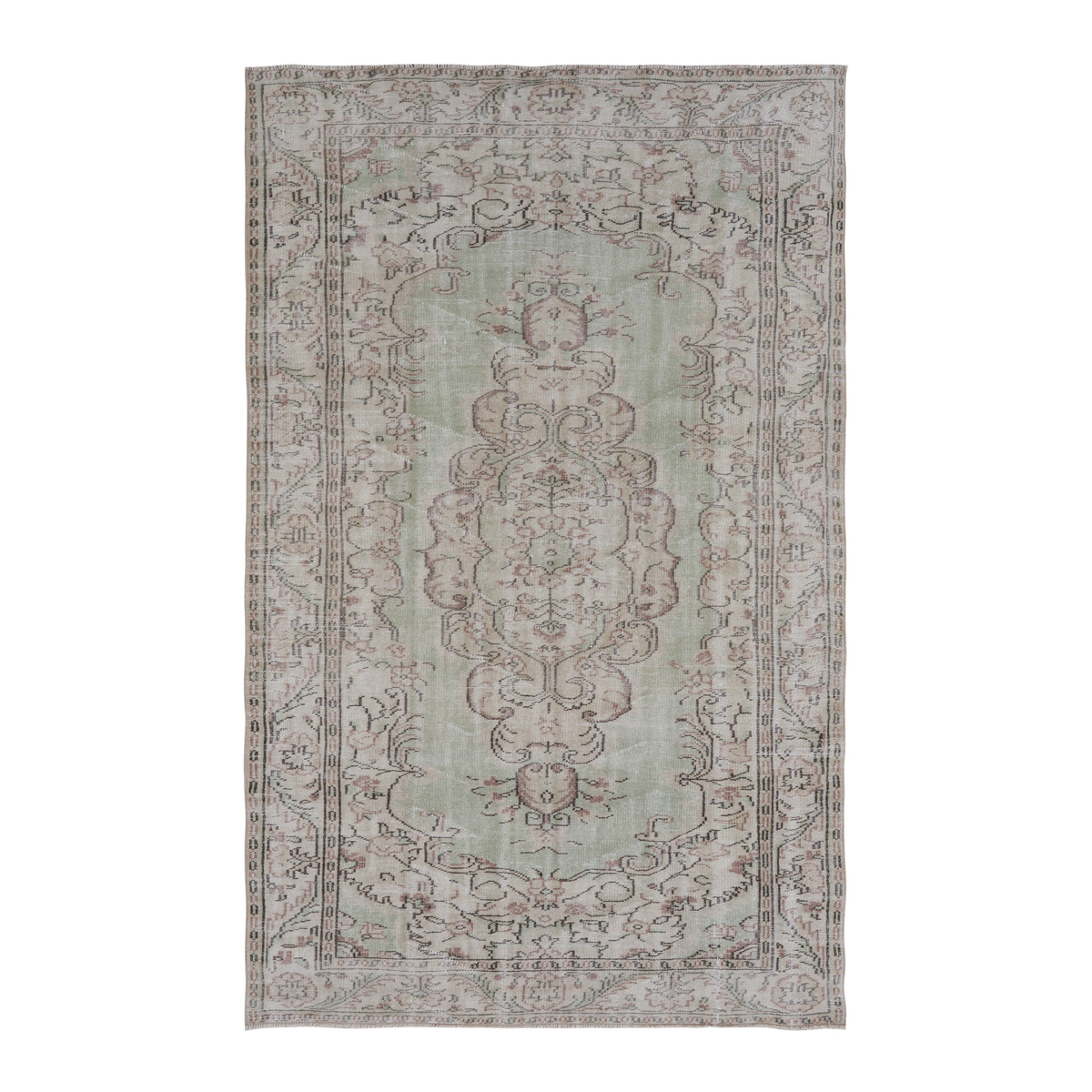Turkish Manisa area rug in sage and faded red, 5'6" x 9'