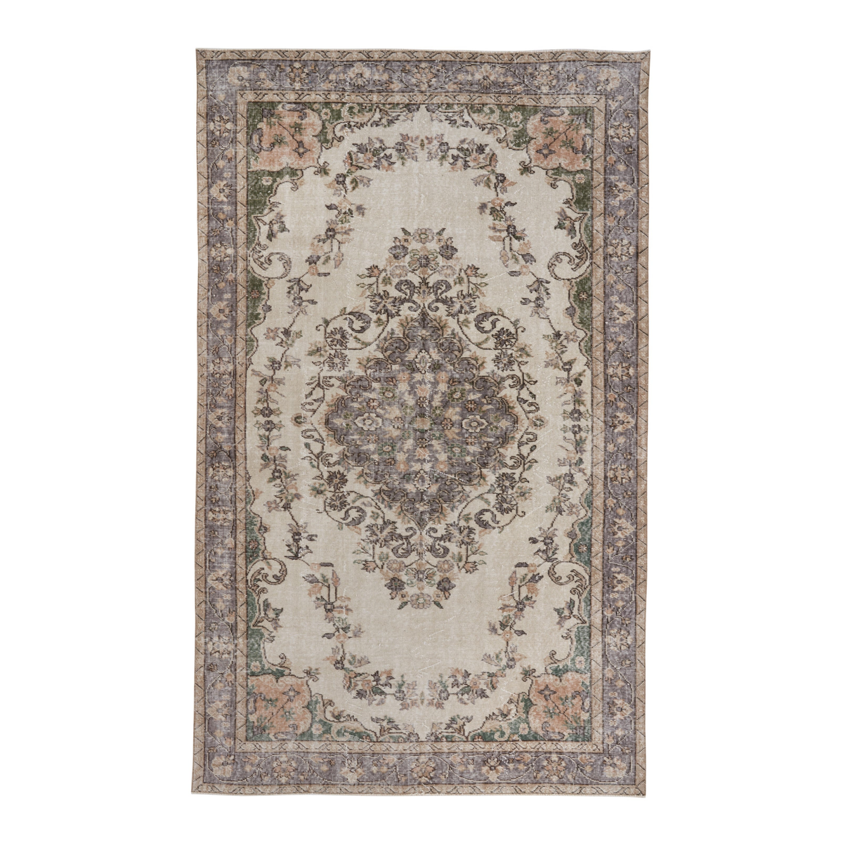 Turkish Isparta area rug in cream and sage, 5'6" x 9'1"