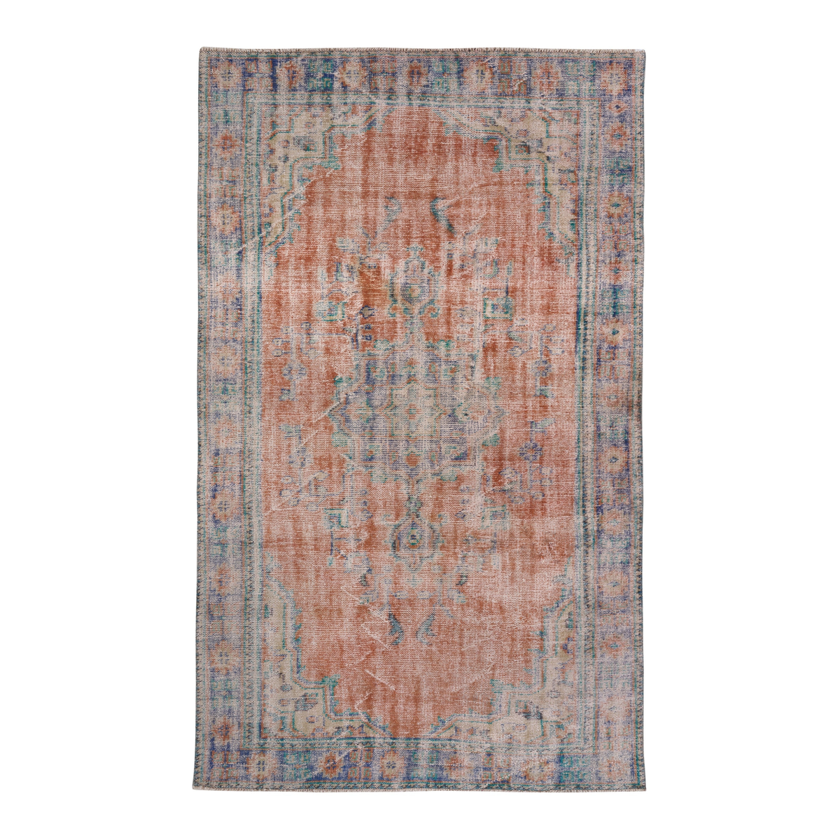 Turkish Manisa area rug in terracotta and blue gray, 5'7" x 9'4"