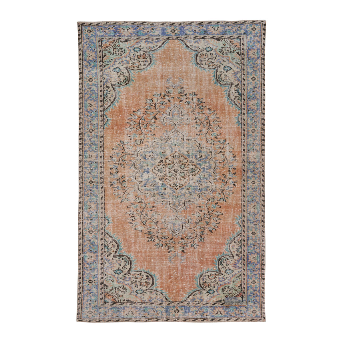 Turkish Manisa area rug in terracotta and denim, 6'1" x 9'9"