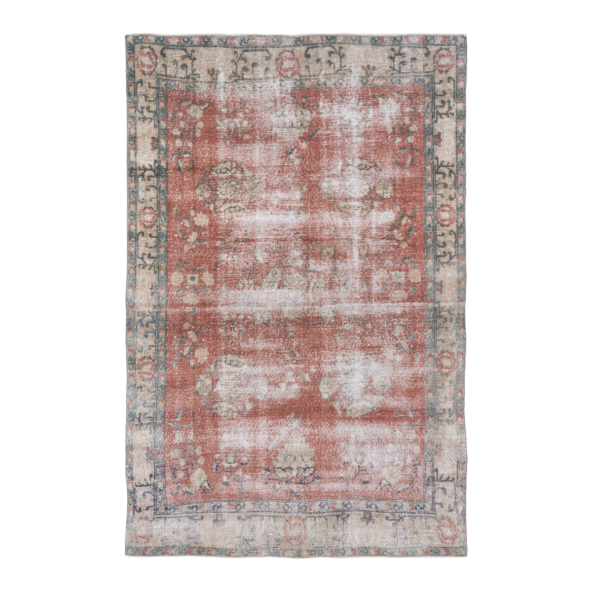 Turkish Isparta area rug in faded red and cream, 6'6" x 9'8"