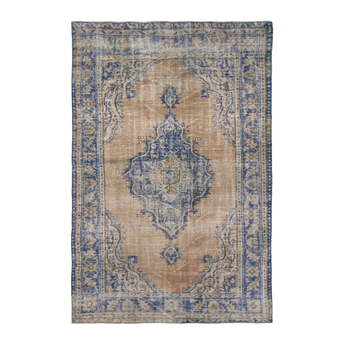 Turkish Manisa area rug in tan and denim, 5'6" x 8'5"
