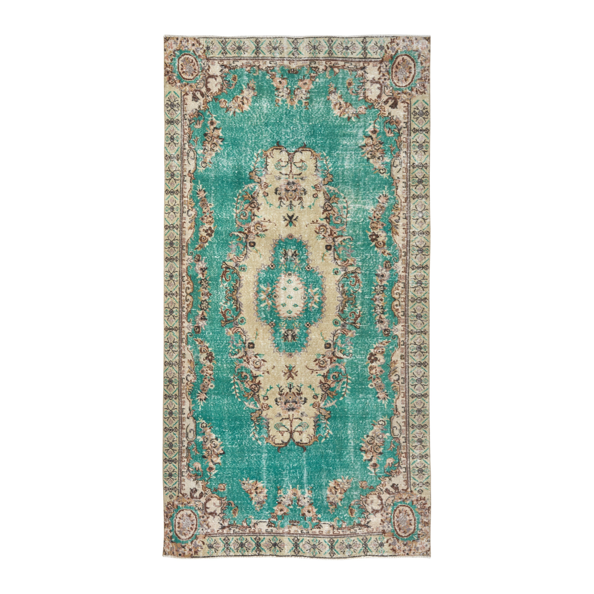 Turkish Isparta area rug in turquoise and cream, 4'10" x 9'6"