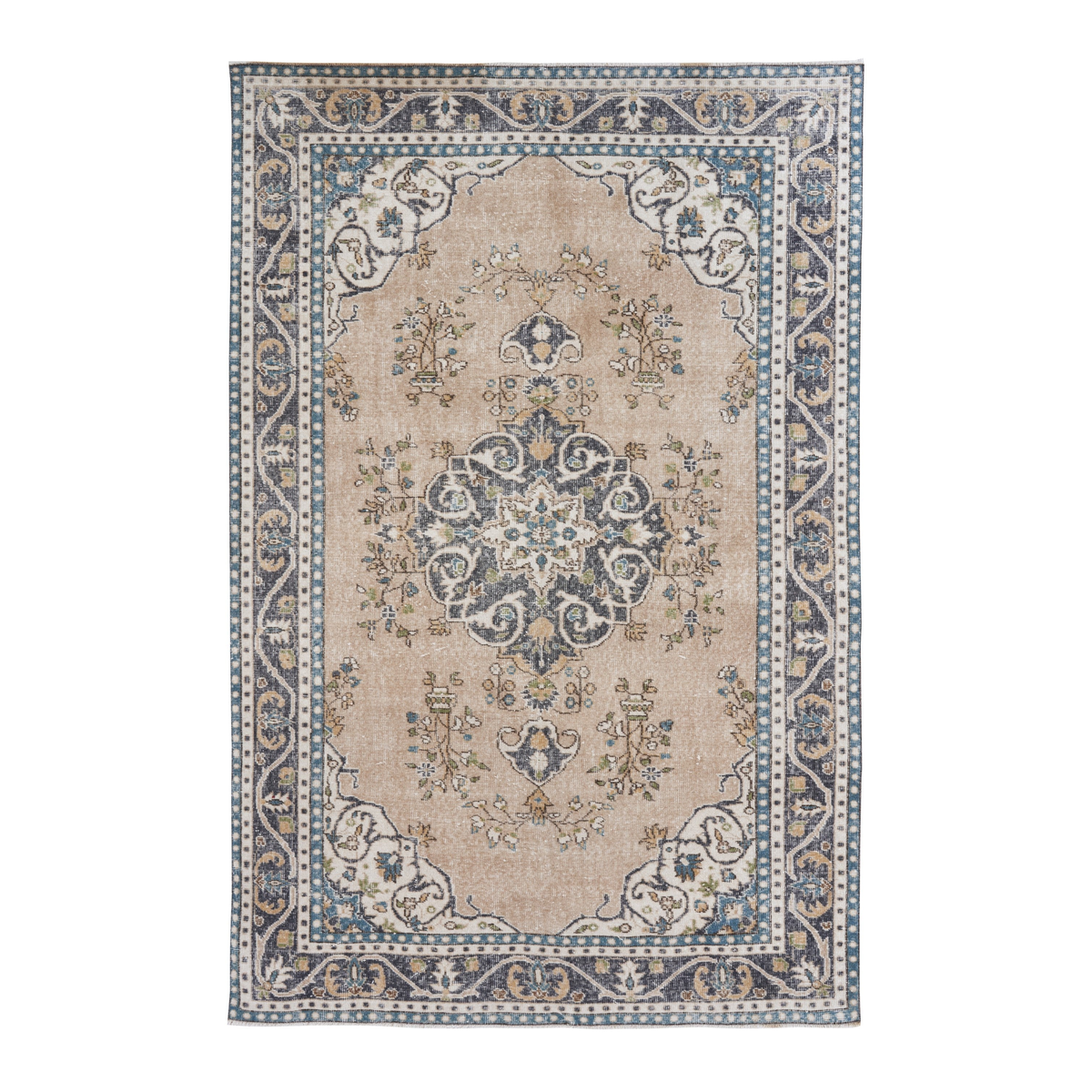 Turkish Isparta area rug in beige and denim, 6'3" x 9'4"