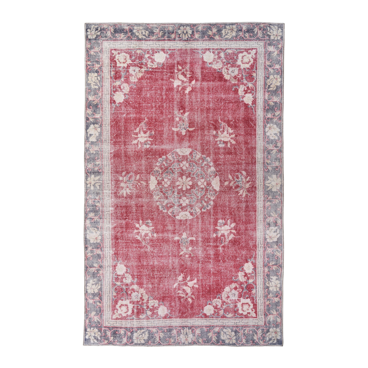 Turkish Isparta area rug in faded red and slate blue, 6'5" x 10'4"