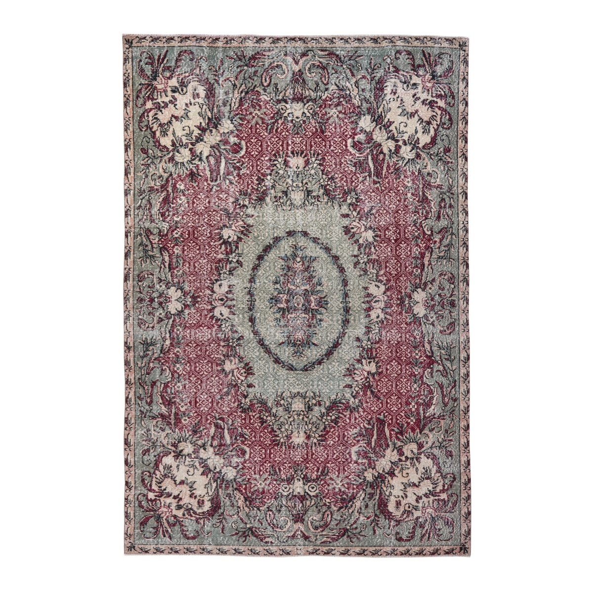 Turkish Isparta area rug in burgundy and muted pink, 6'5" x 9'9"