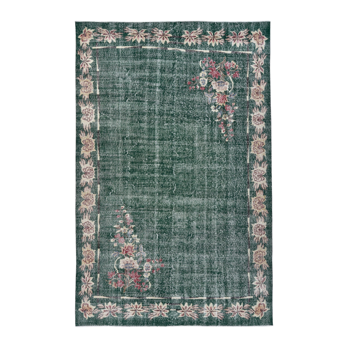 Turkish Isparta area rug in forest and muted pink, 6'9" x 10'2"