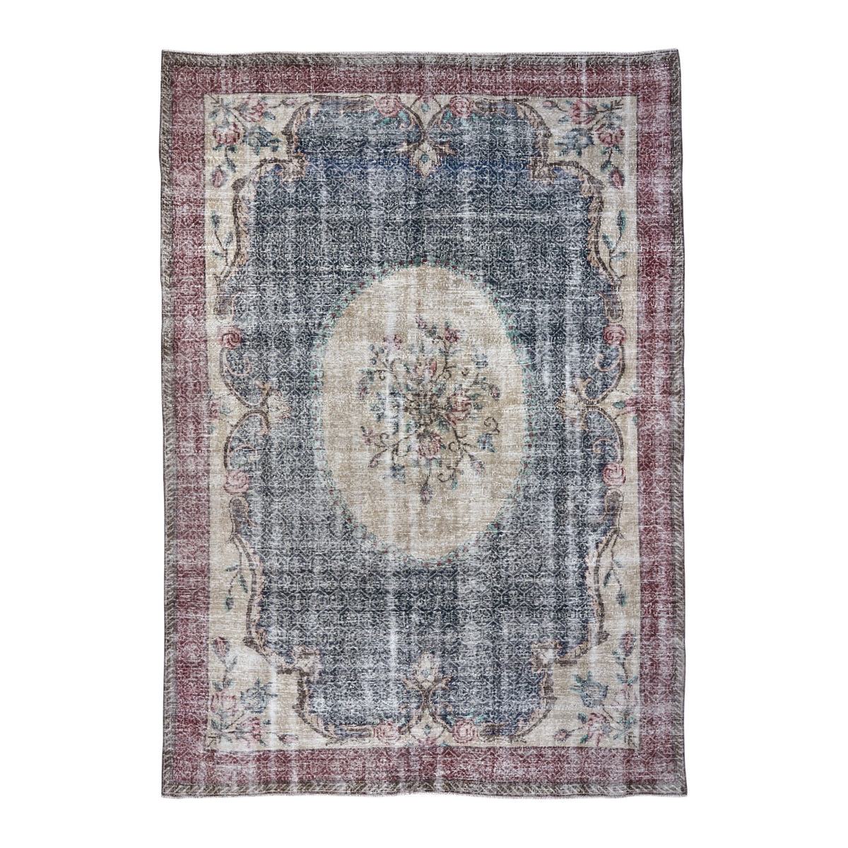 Turkish Isparta area rug in dark blue and burgundy, 7'2" x 10'2"