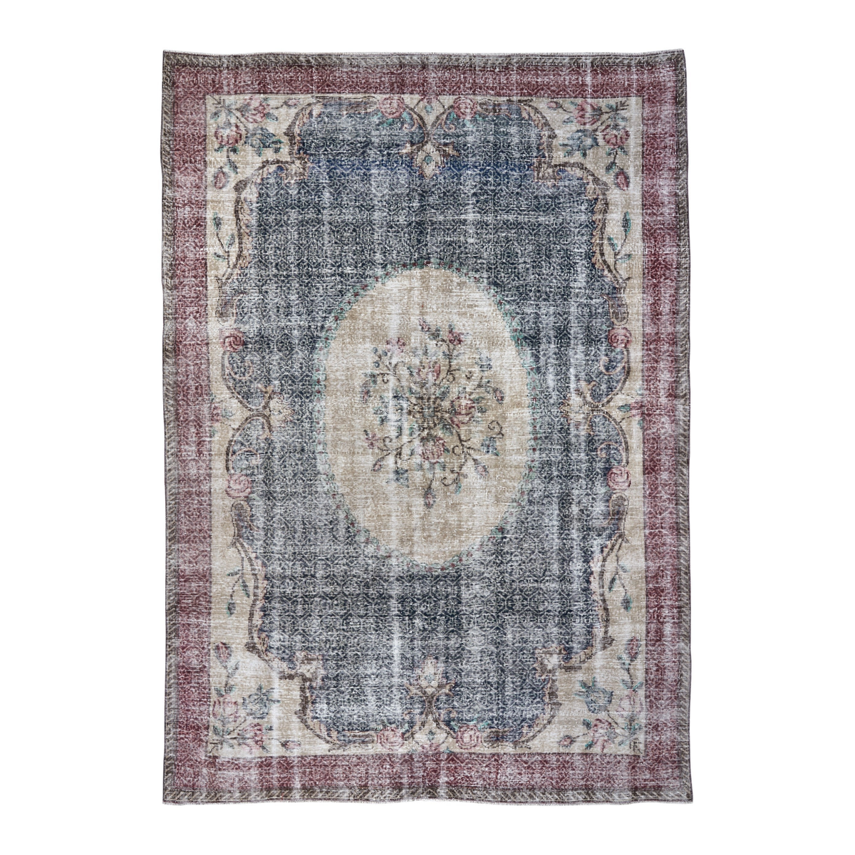 Turkish Isparta area rug in dark blue and burgundy, 7'2" x 10'2"
