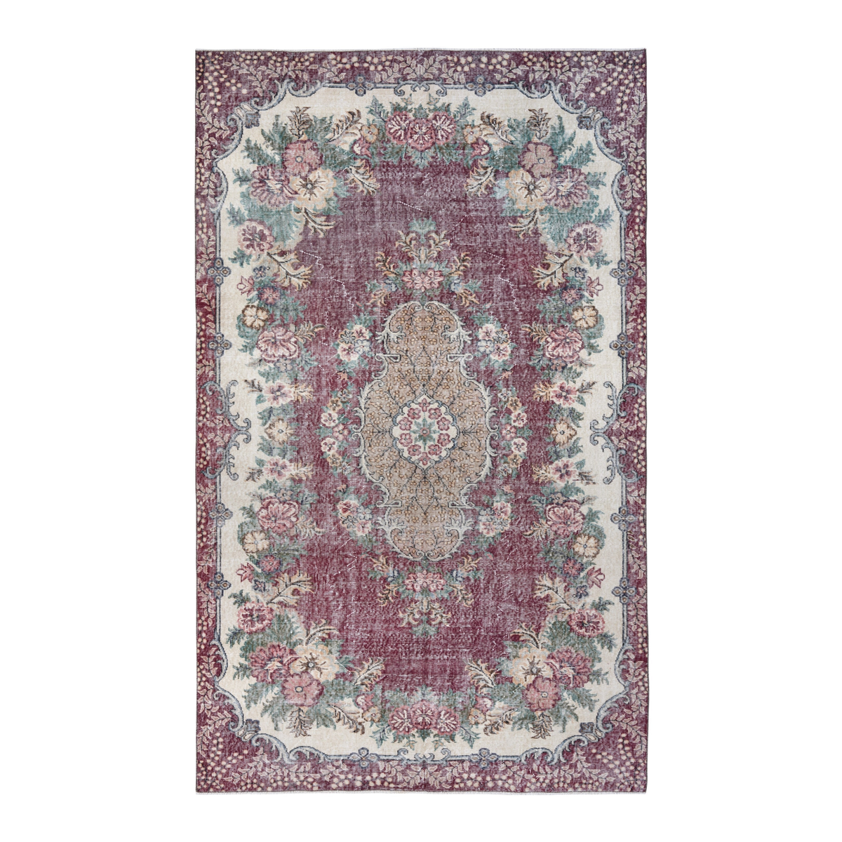 Turkish Isparta area rug in burgundy and off-white, 6'5" x 10'3"