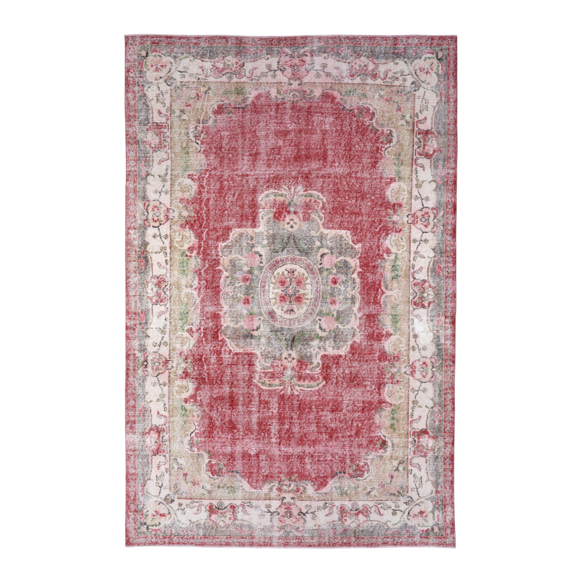 Turkish Manisa area rug in faded red and muted pink, 6'6" x 10'