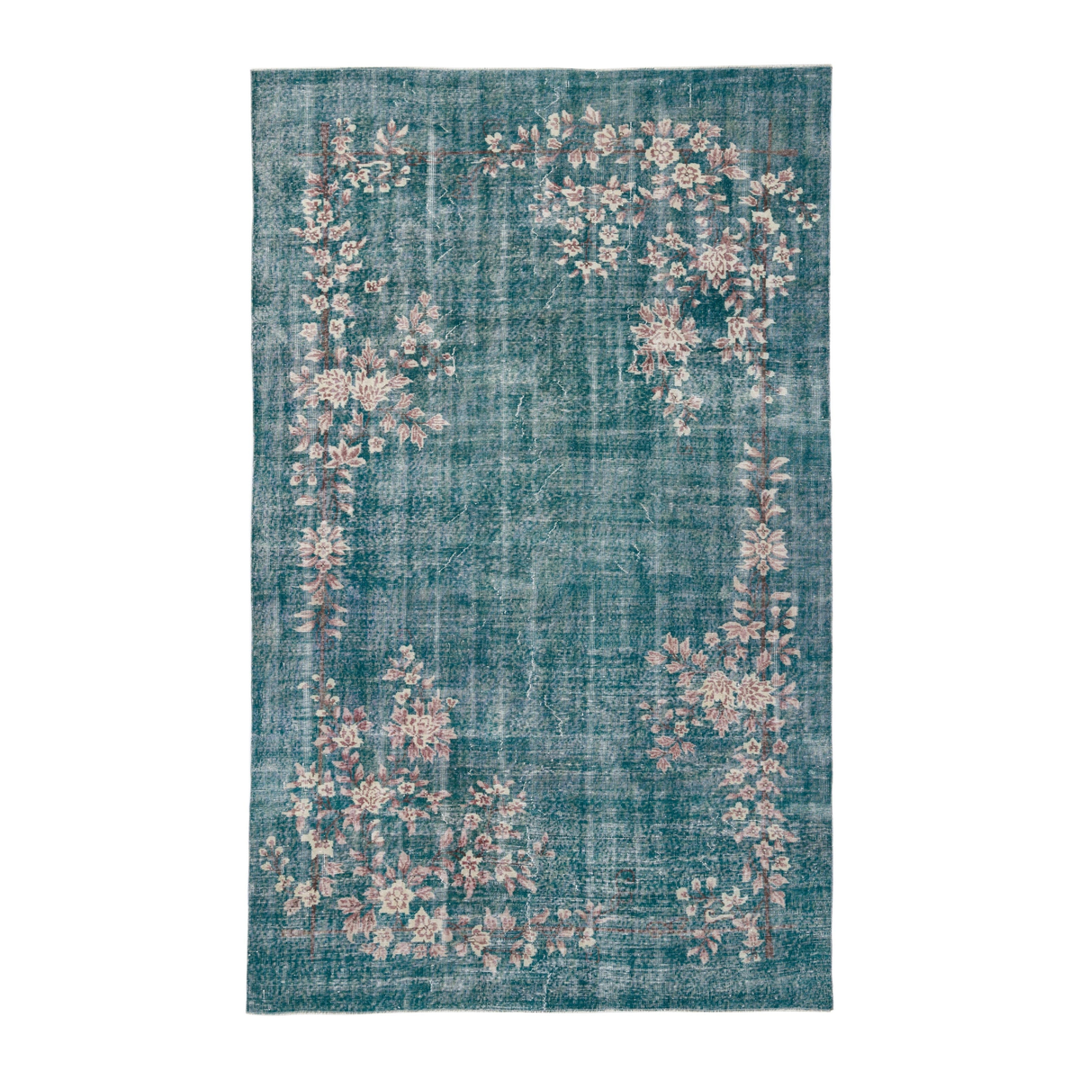 Turkish Isparta area rug in teal and muted pink, 6'6" x 10'2"