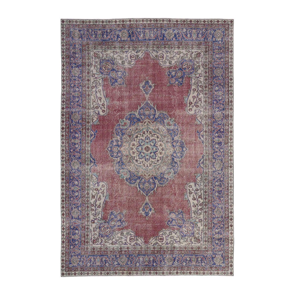 Turkish Isparta area rug in faded red and dark blue, 7'1" x 10'4"