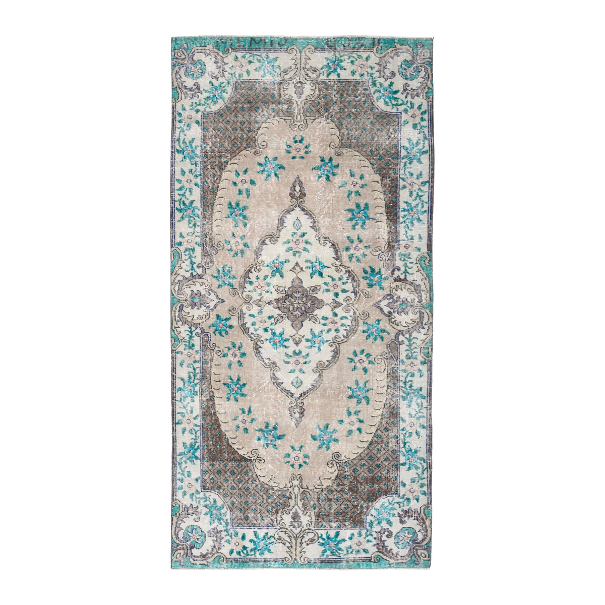 Turkish Isparta area rug in cream and turquoise, 3'8" x 7'