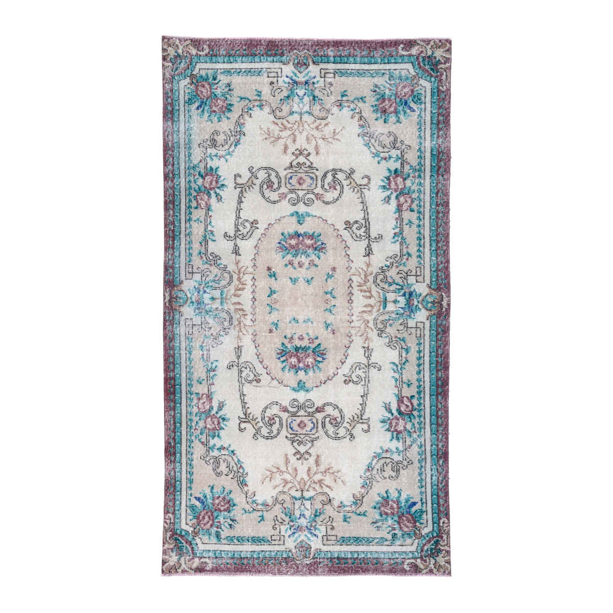 Turkish Isparta area rug in cream and turquoise, 3'8" x 6'10"