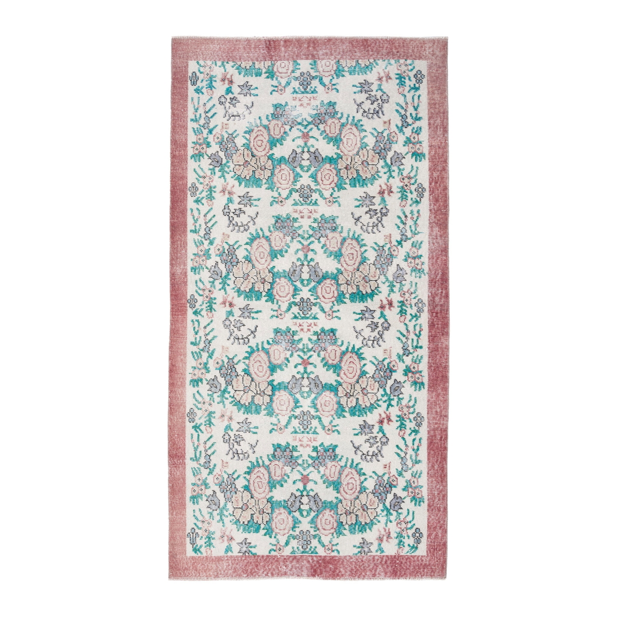 Turkish Isparta area rug in cream and teal, 3'8" x 6'10"
