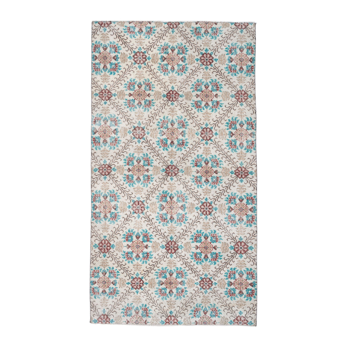 Turkish Isparta area rug in cream and turquoise, 3'9" x 7'