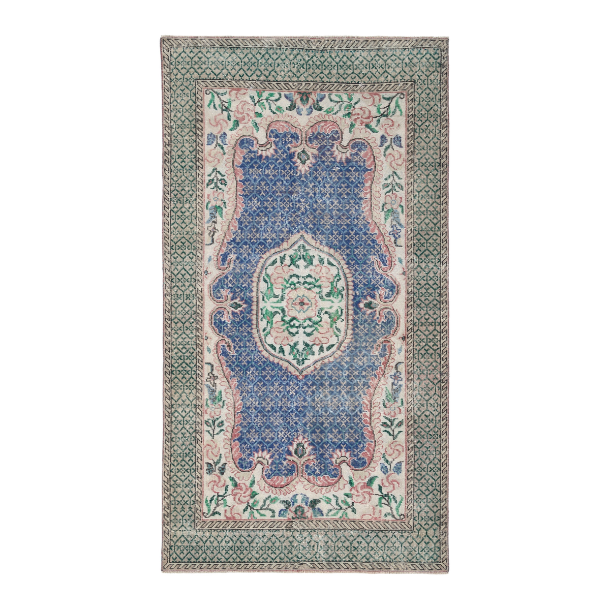 Turkish Isparta area rug in blue and sage, 3'8" x 7'1"