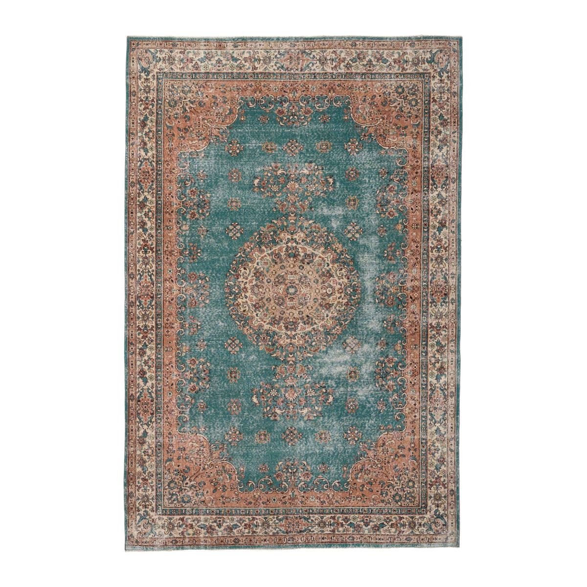 Turkish Isparta area rug in teal and terracotta, 6'10" x 10'2"