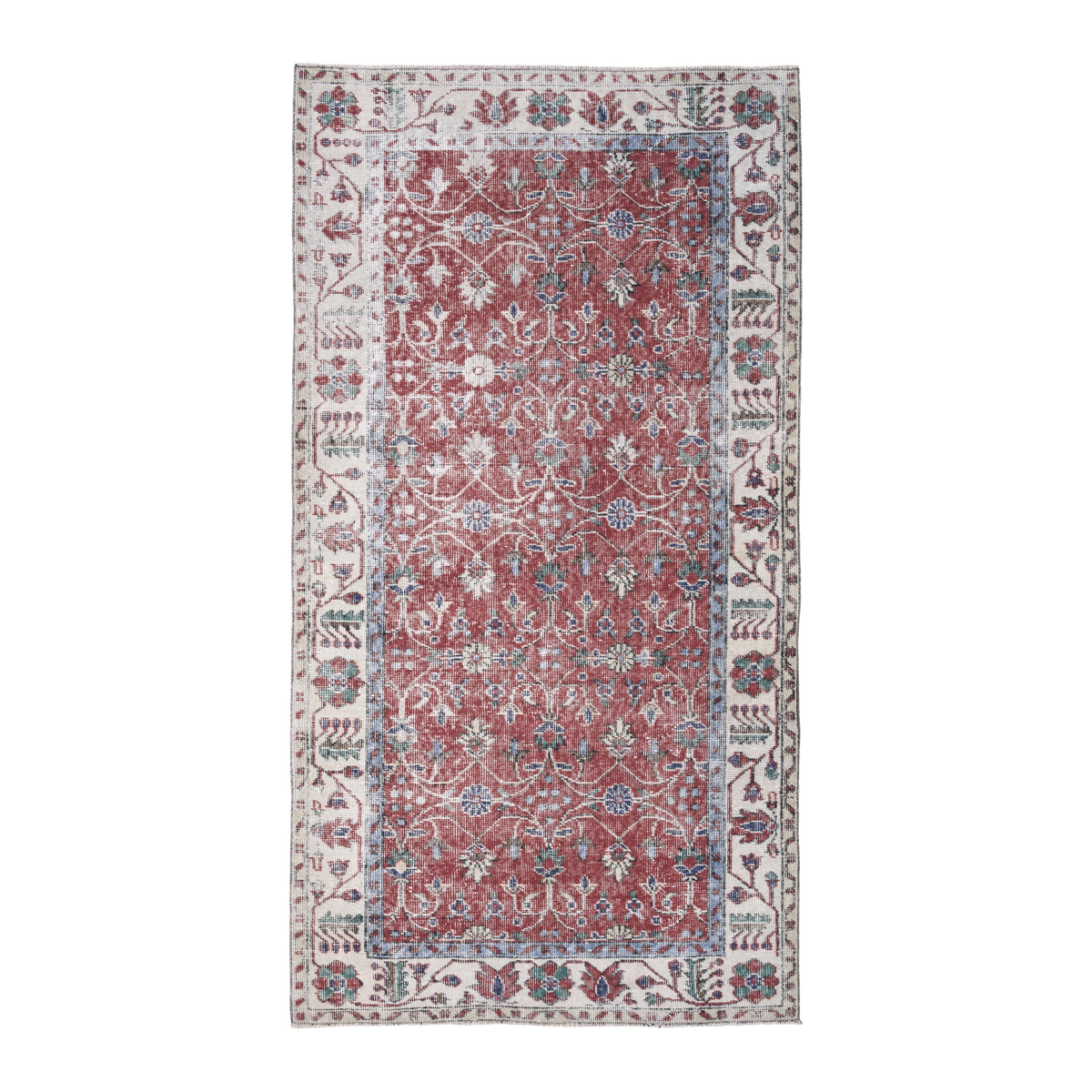Turkish Isparta area rug in faded red and cream, 3'9" x 7'1"