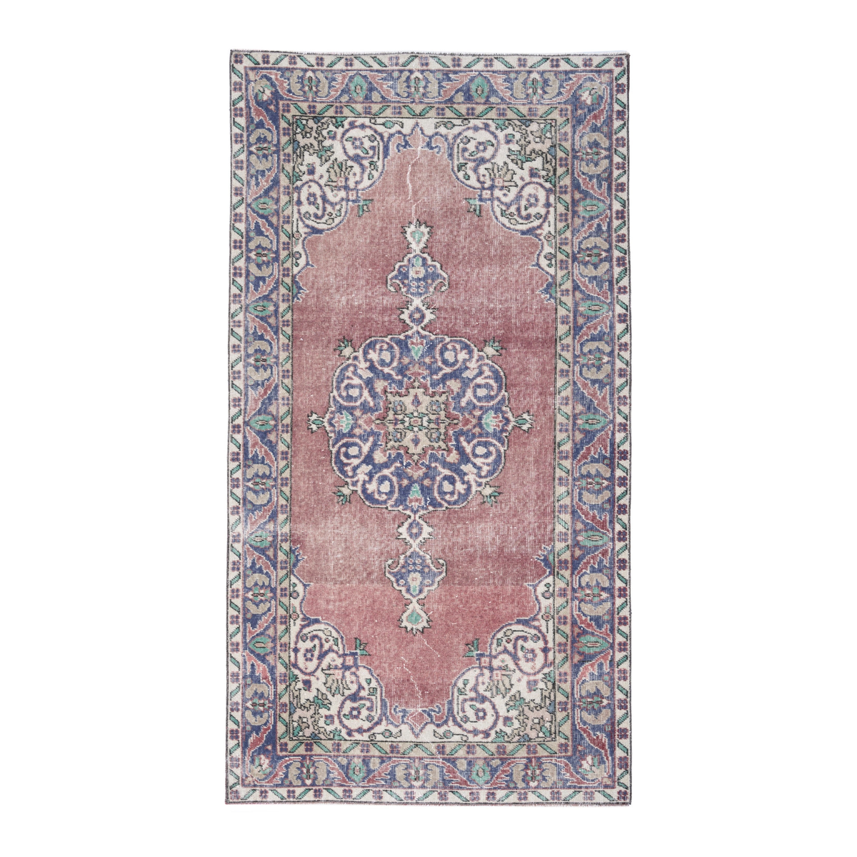 Turkish Isparta area rug in dusty rose and denim, 3'10" x 7'1"