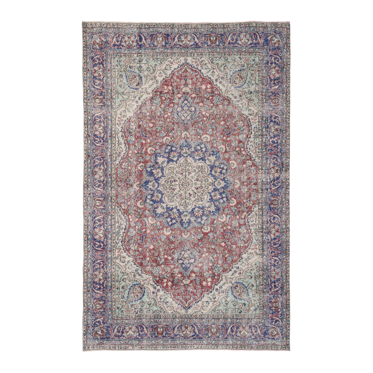 Turkish Isparta area rug in faded red and navy, 6'7" x 10'1"