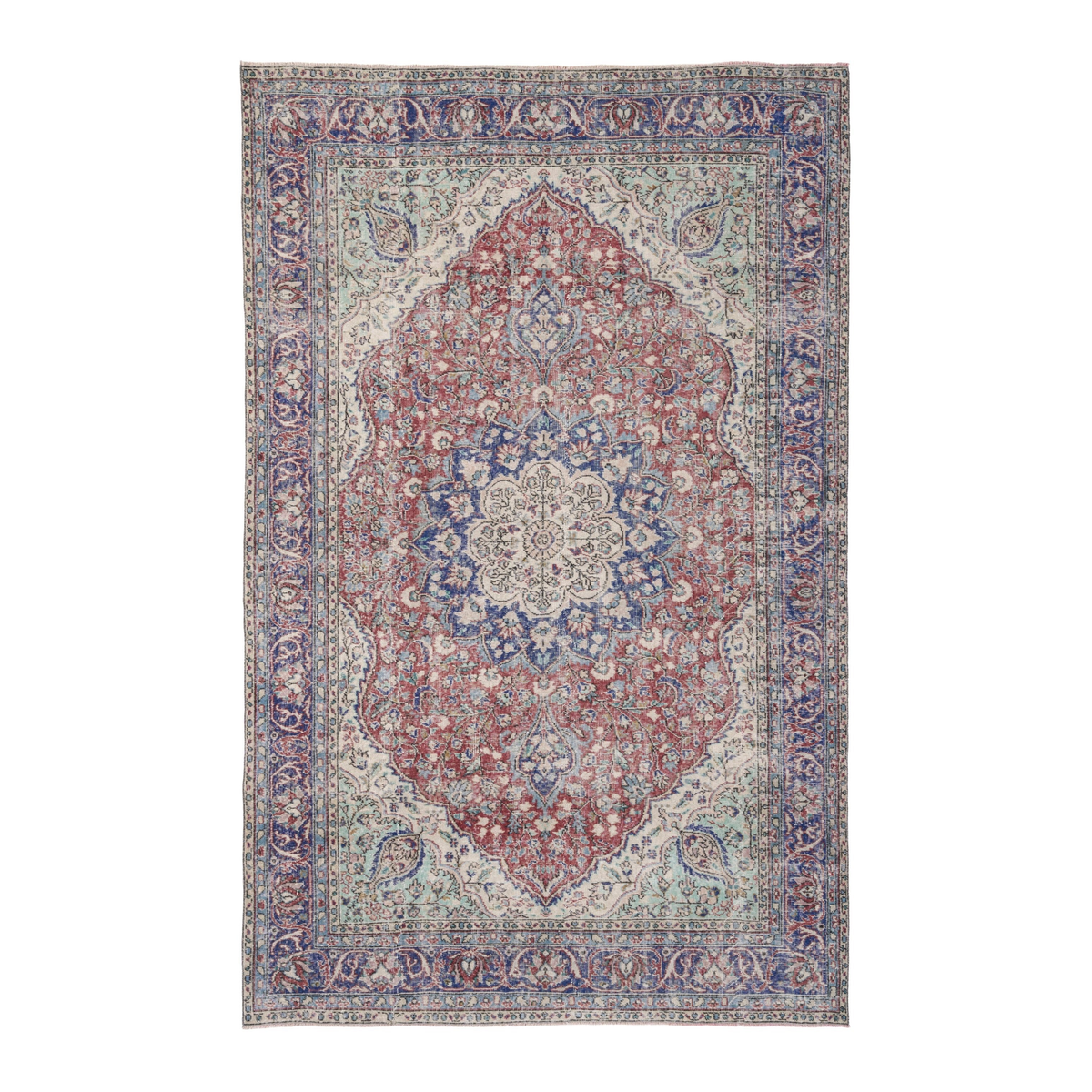 Turkish Isparta area rug in faded red and navy, 6'7" x 10'1"