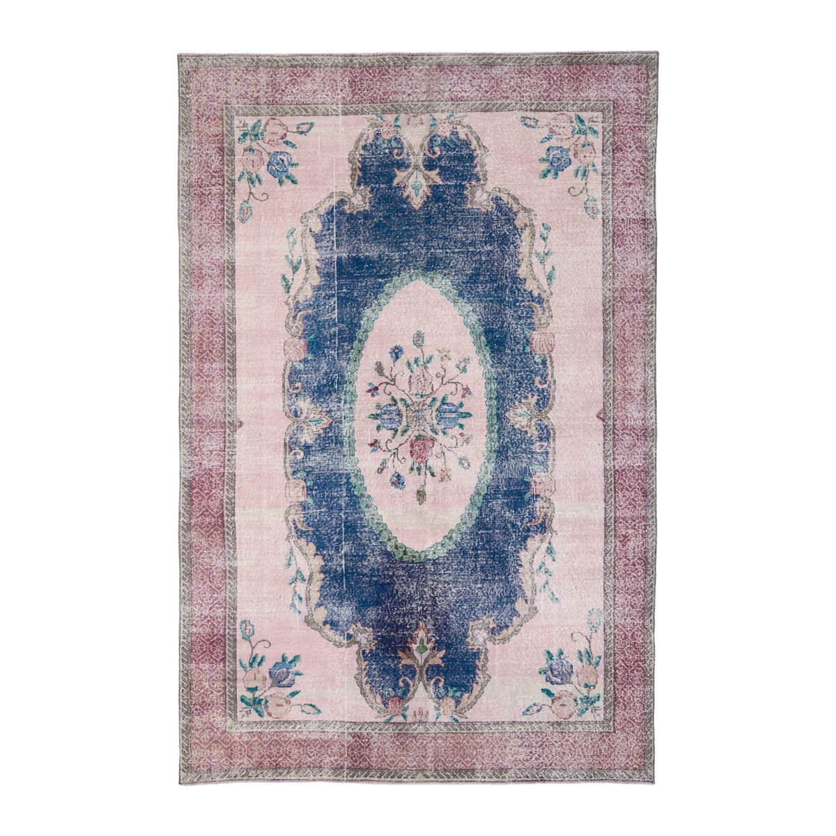 Turkish Isparta area rug in dark blue and cream, 6'10" x 10'5"