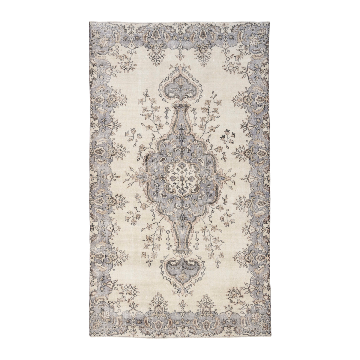 Turkish Isparta area rug in cream and slate blue, 5'7" x 9'1"