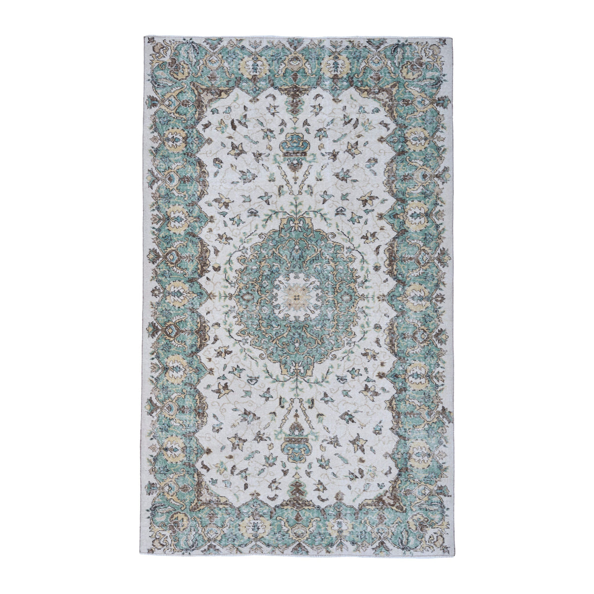Turkish Isparta area rug in turquoise and cream, 5'6" x 8'10"