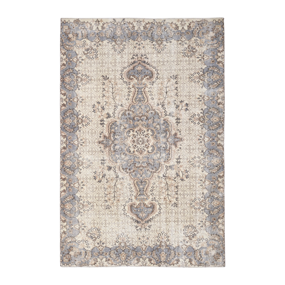 Turkish Isparta area rug in cream and dusty blue, 5'2" x 7'11"
