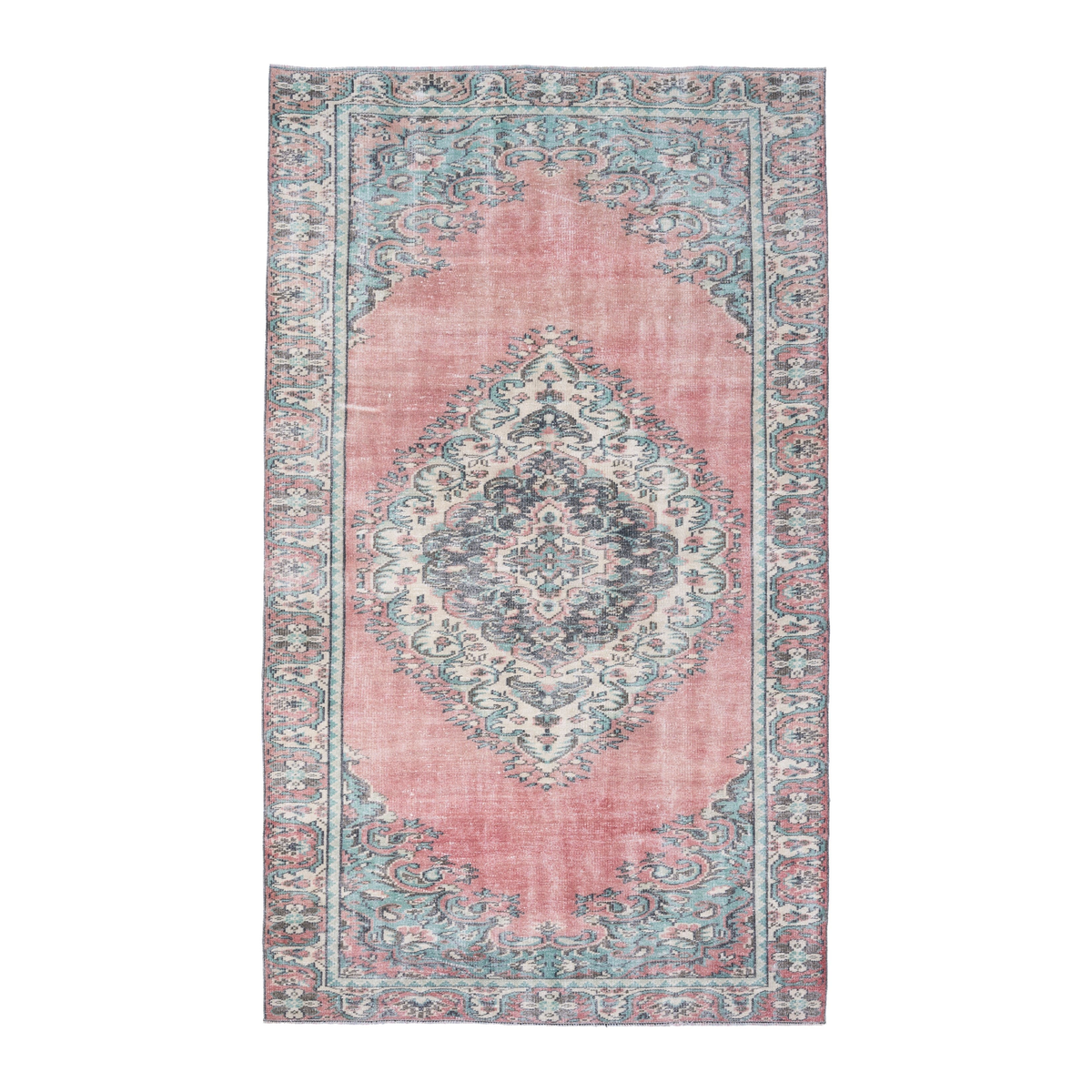 Turkish Manisa area rug in muted pink and celadon, 5'7" x 9'3"