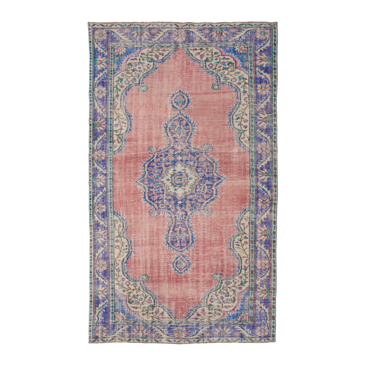 Turkish Manisa area rug in dusty rose and denim, 5'10" x 9'9"