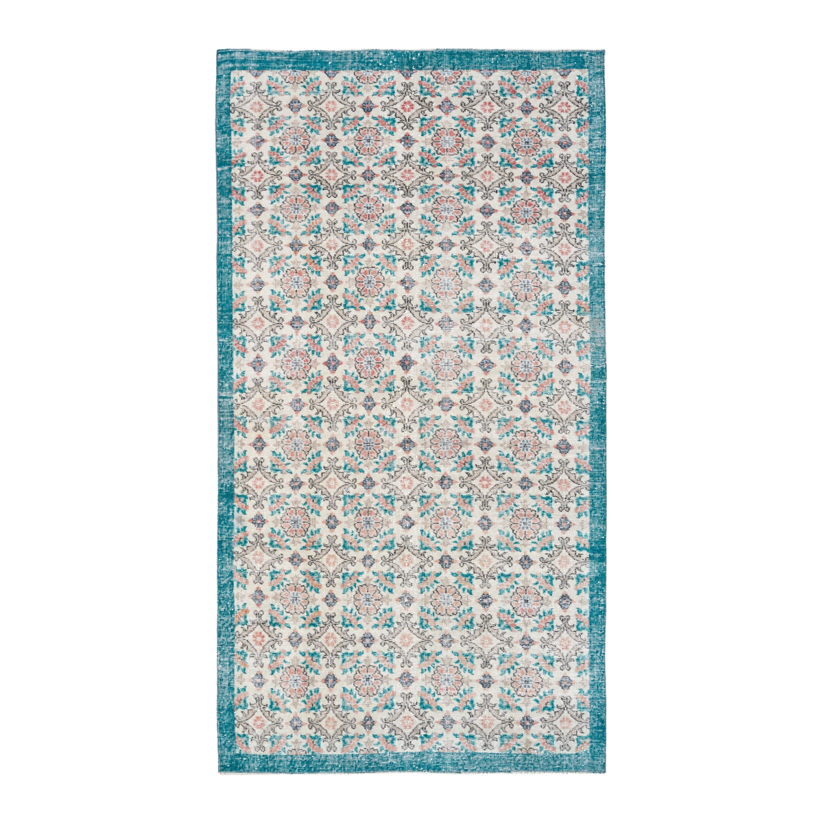 Turkish Isparta area rug in off-white and teal, 4'3" x 7'10"