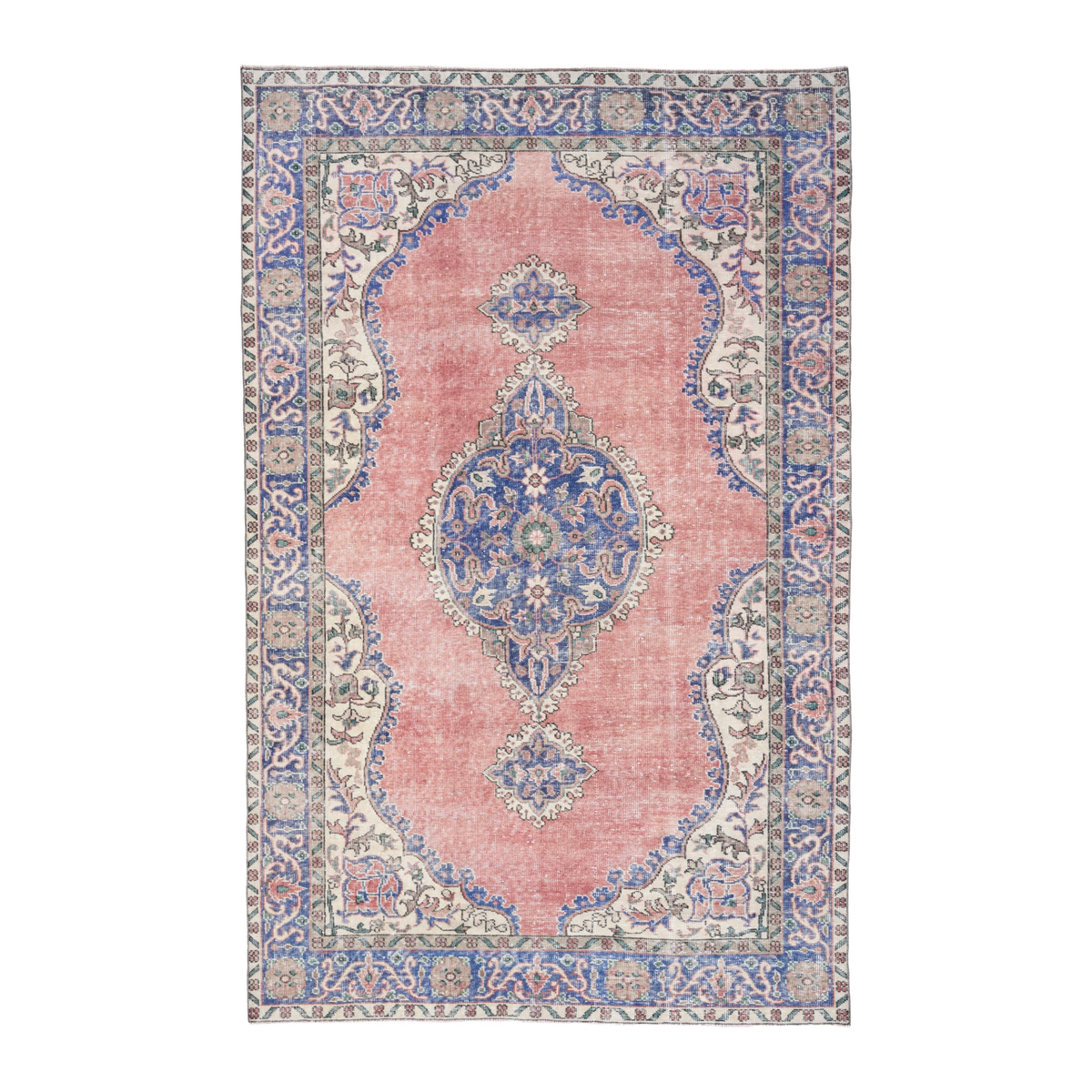 Turkish Isparta area rug in muted pink and denim, 5'9" x 9'1"