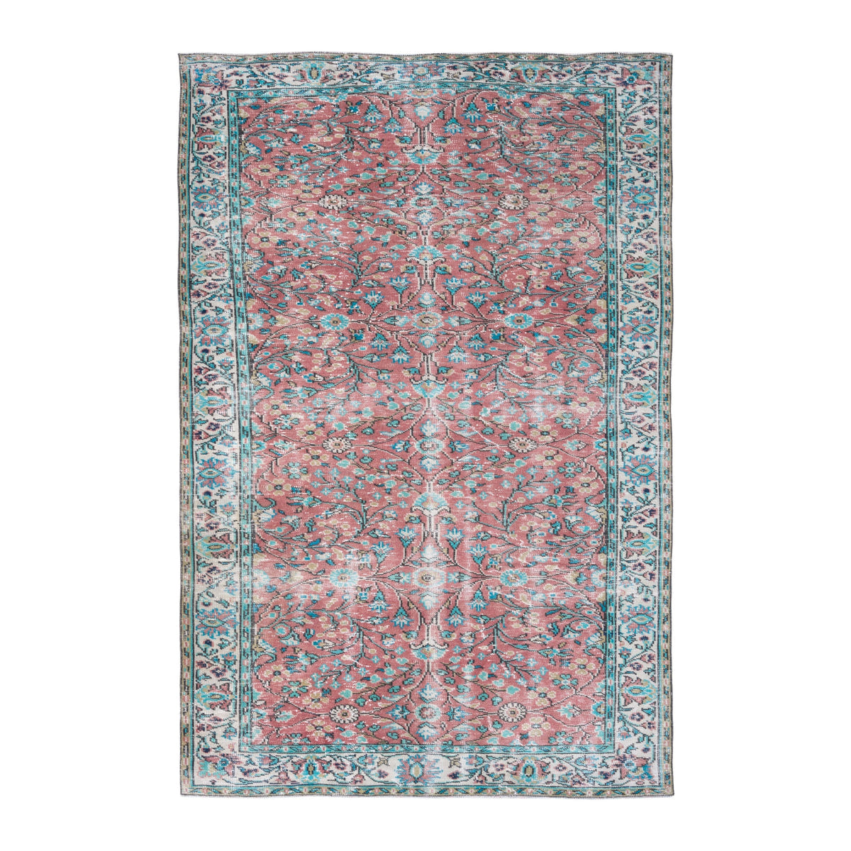 Turkish Manisa area rug in faded red and teal, 5'10" x 9'2"