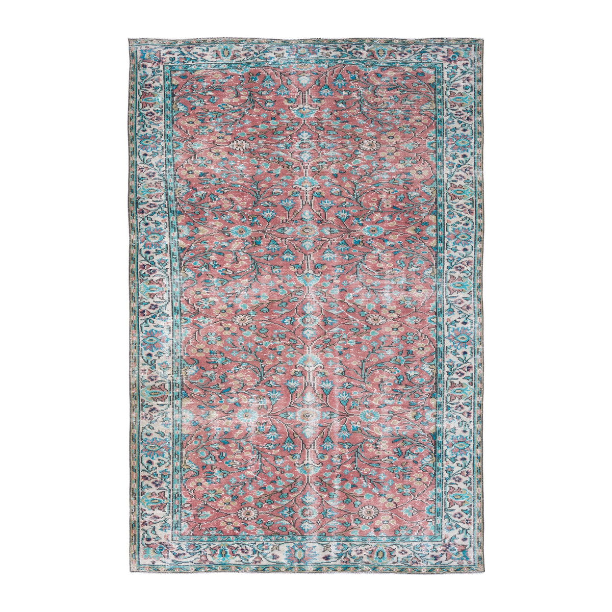Turkish Manisa area rug in faded red and teal, 5'10" x 9'2"