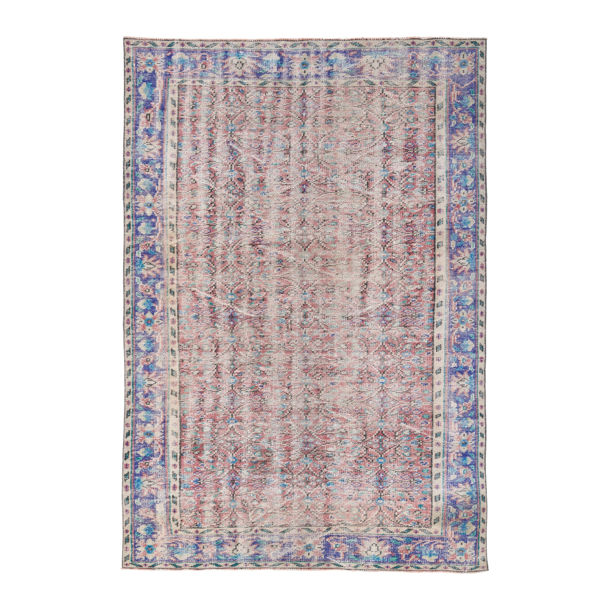 Turkish Manisa area rug in muted pink and navy, 5'6" x 7'11"