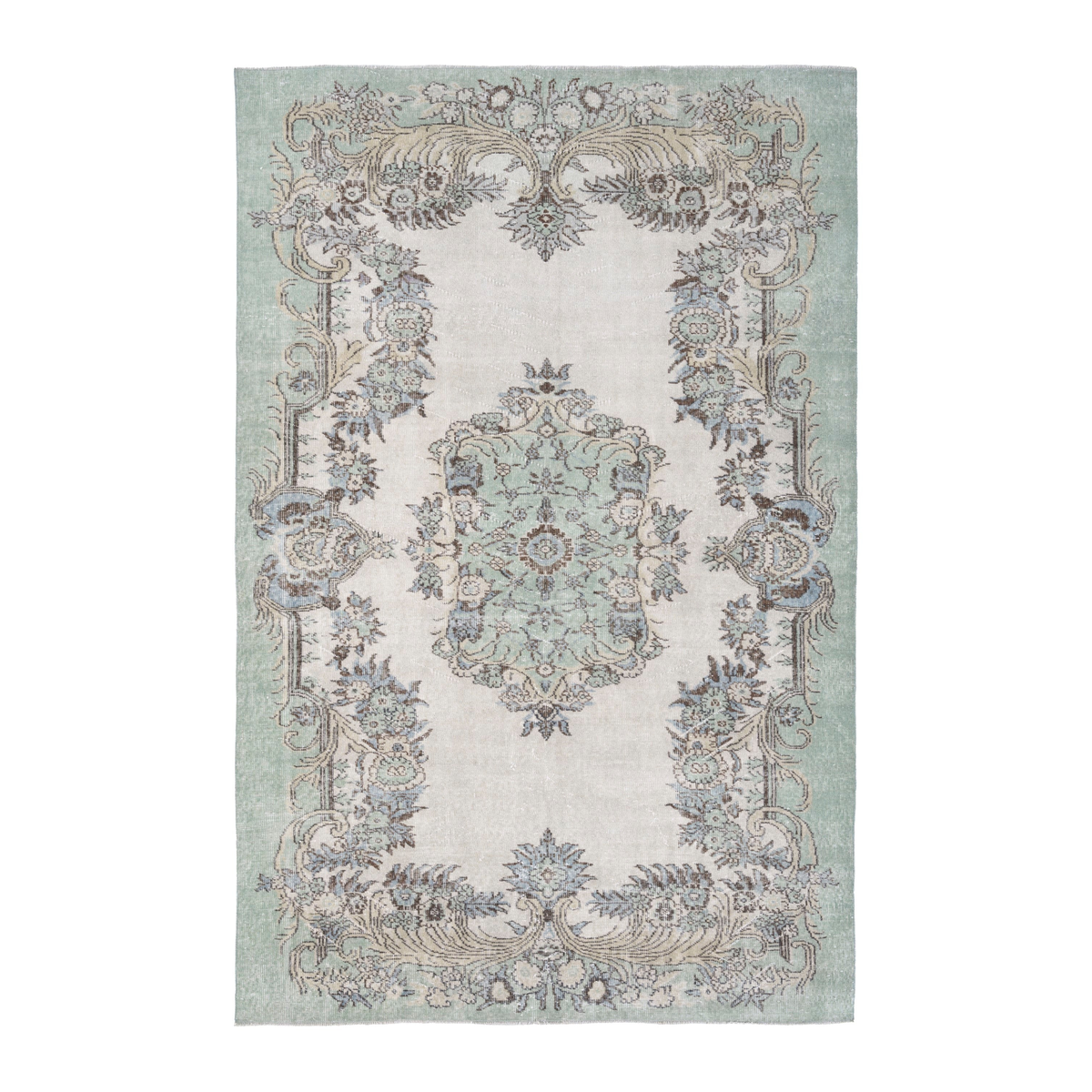 Turkish Isparta area rug in sage and off-white, 6' x 8'11"