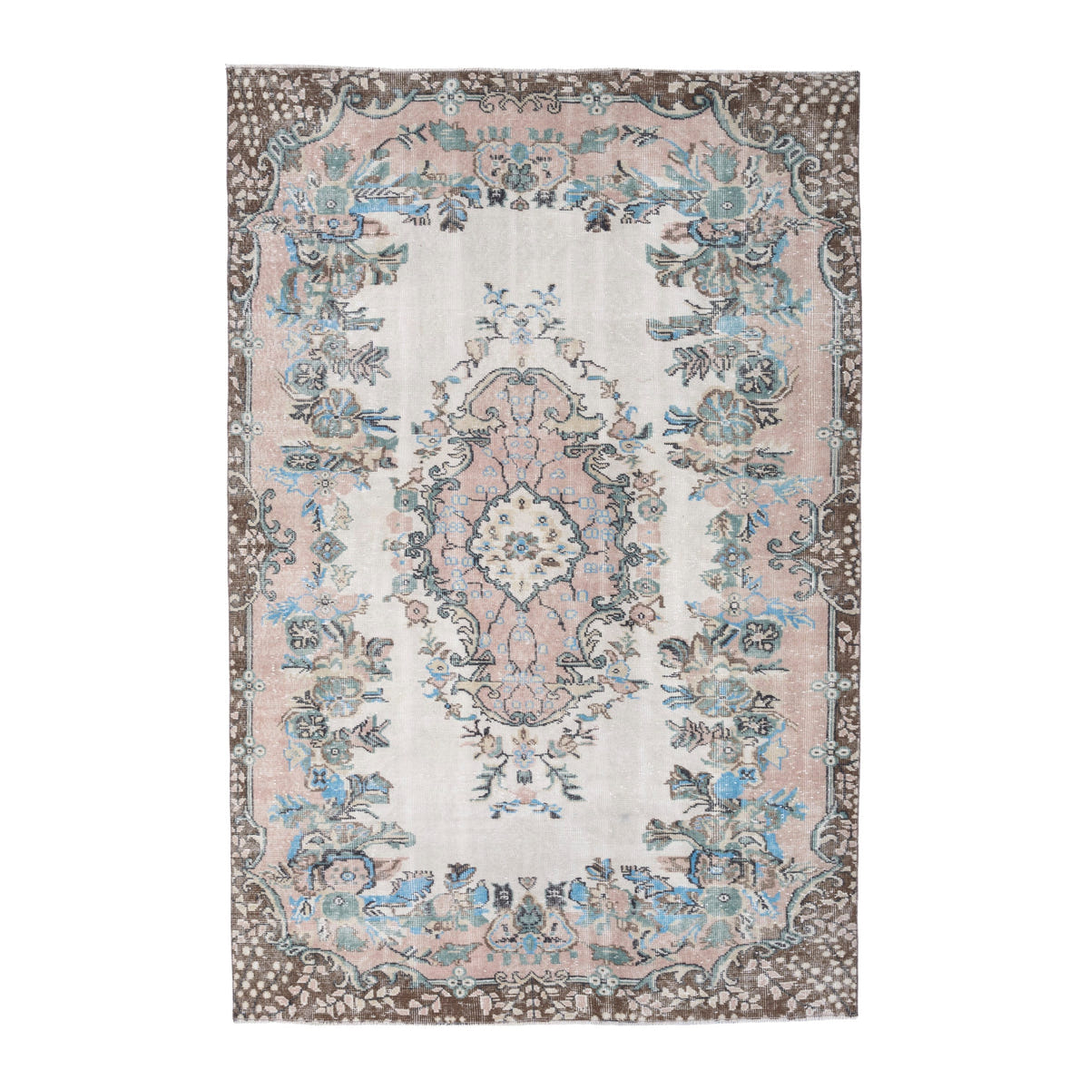 Turkish Isparta area rug in cream and muted pink, 5'8" x 8'6"