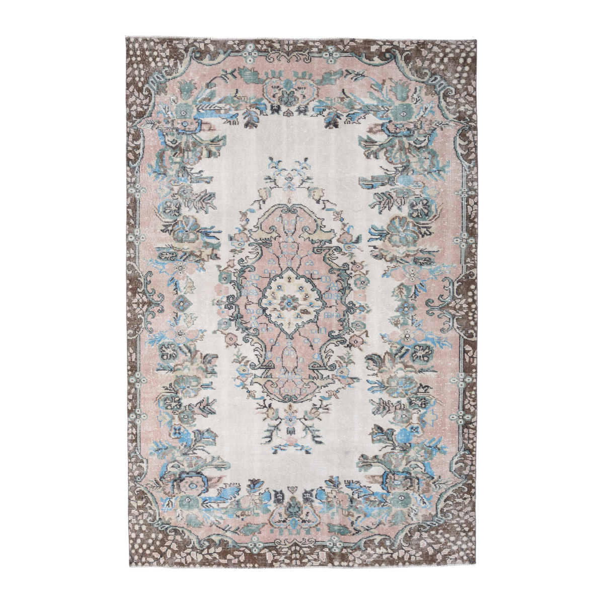 Turkish Isparta area rug in cream and muted pink, 5'8" x 8'6"