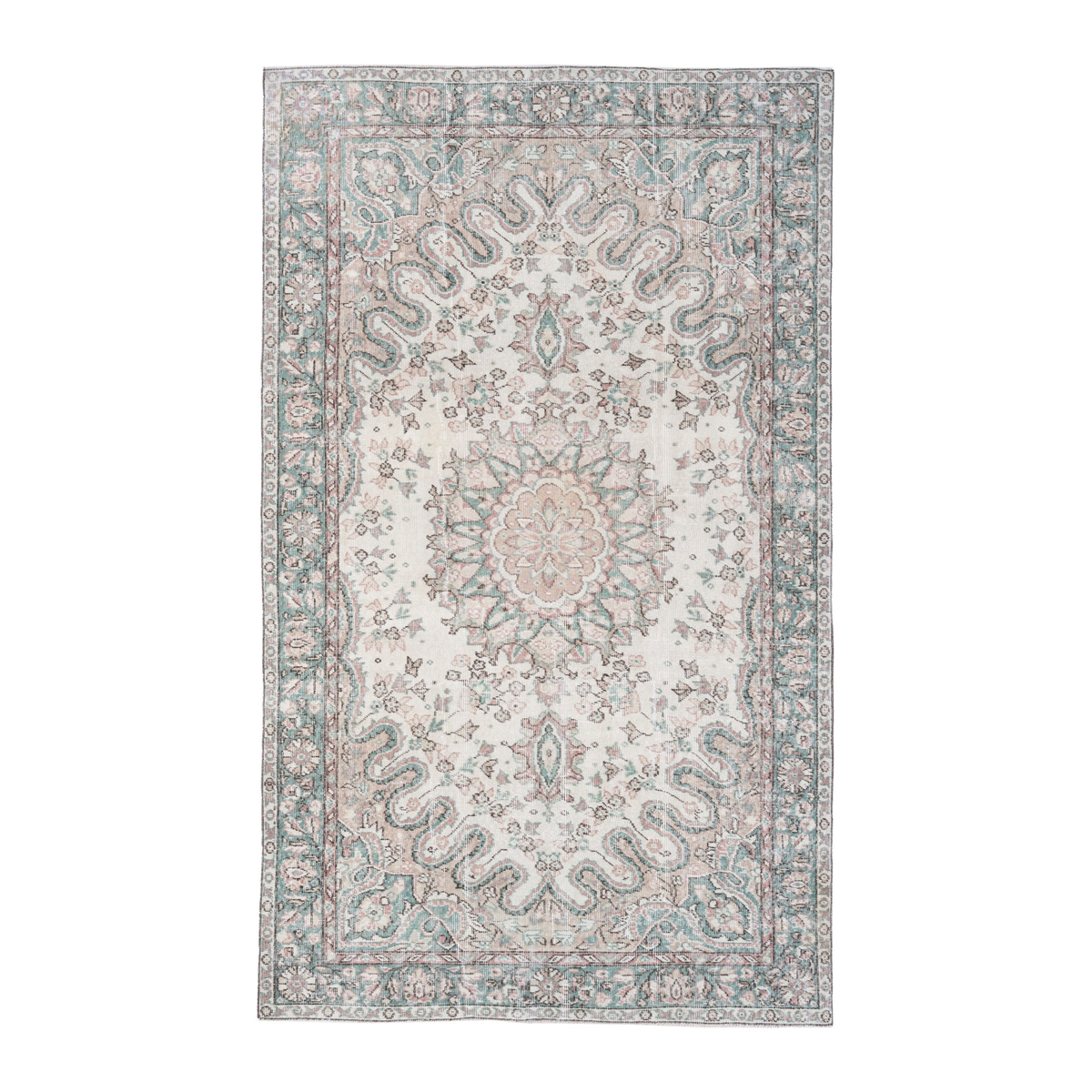 Turkish Isparta area rug in cream and sage, 5'5" x 8'11"